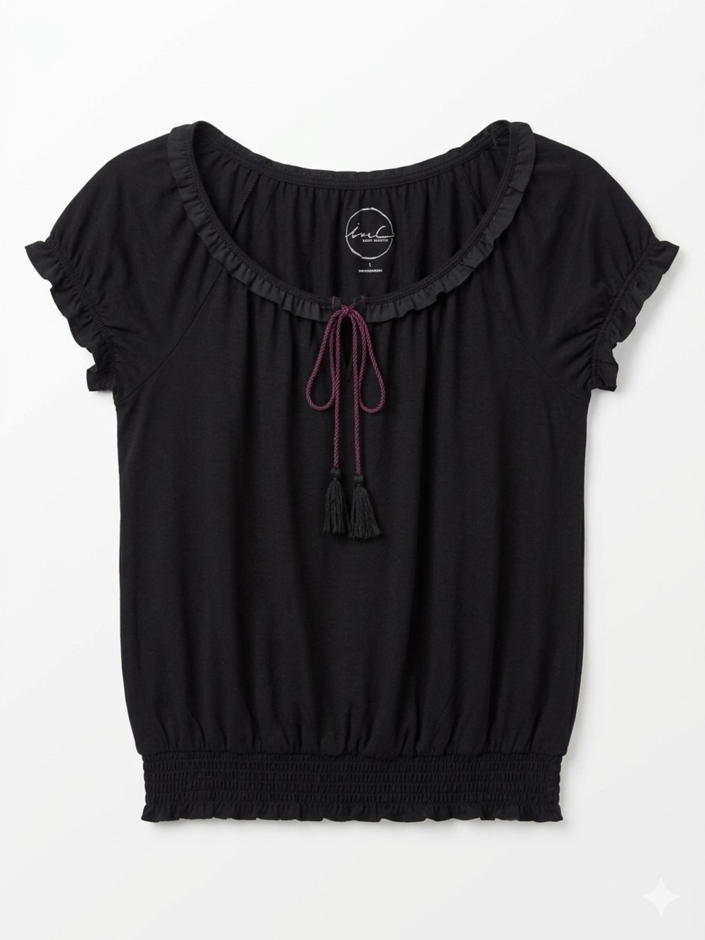 Aeropostale Black Short Sleeve Ruffle Neck Top with Burgundy Tassel
